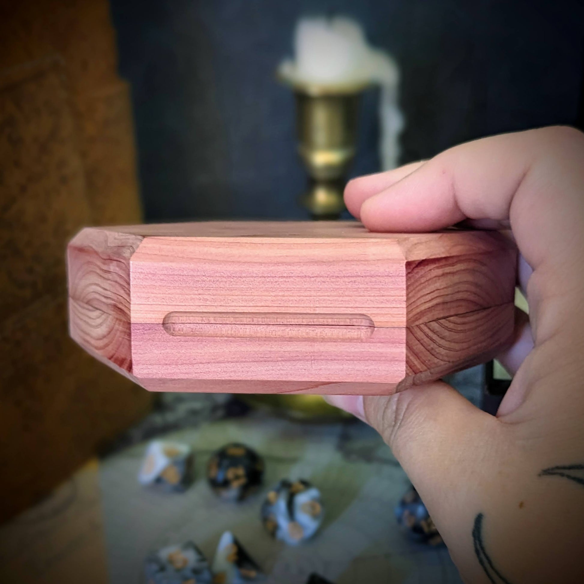 Hardwood Hex  Dice Box | Handcrafted Hardwood and Leather Dice Box and Rolling Tray for Tabletop games like Dungeons and Dragon | D&D