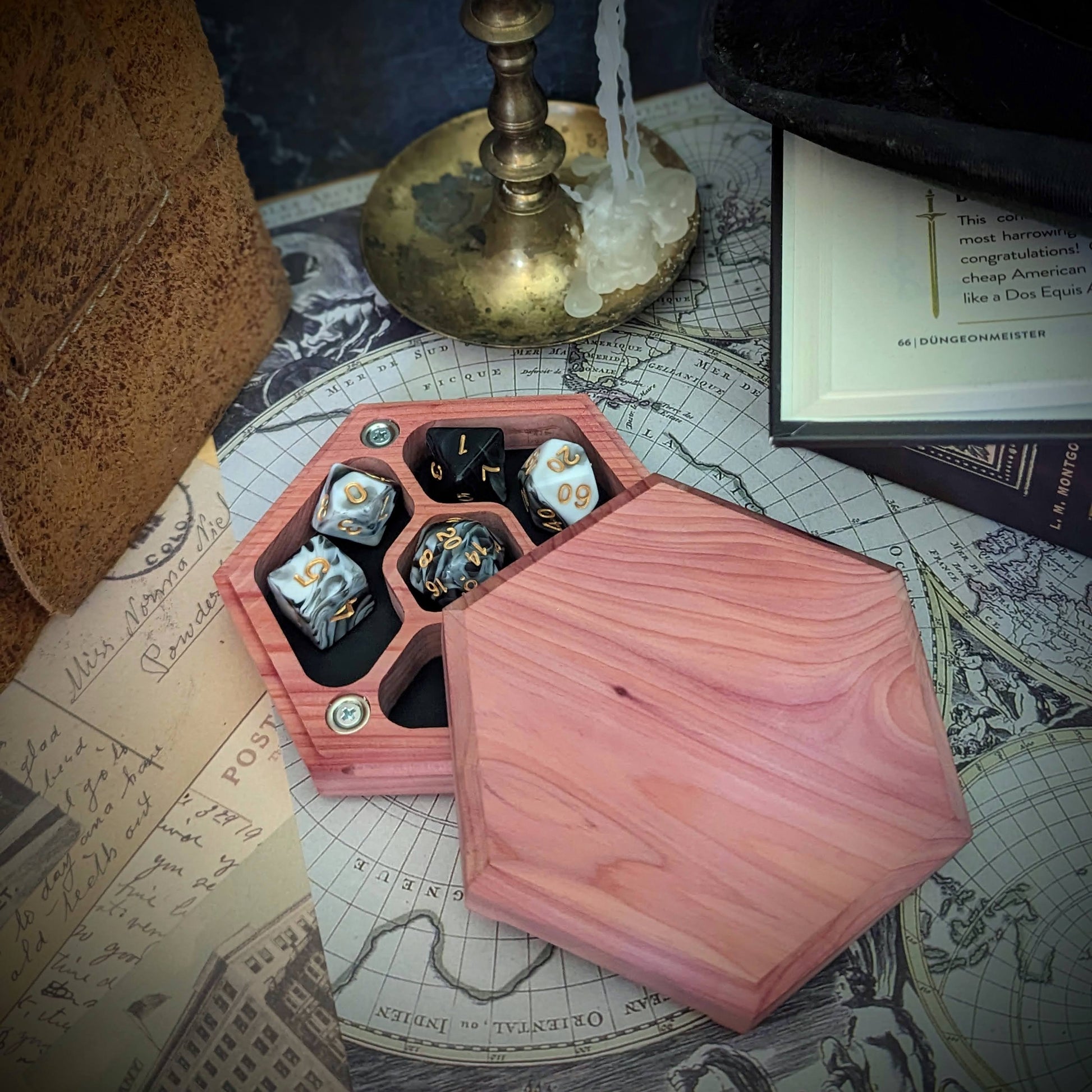 Hardwood Hex  Dice Box | Handcrafted Hardwood and Leather Dice Box and Rolling Tray for Tabletop games like Dungeons and Dragon | D&D