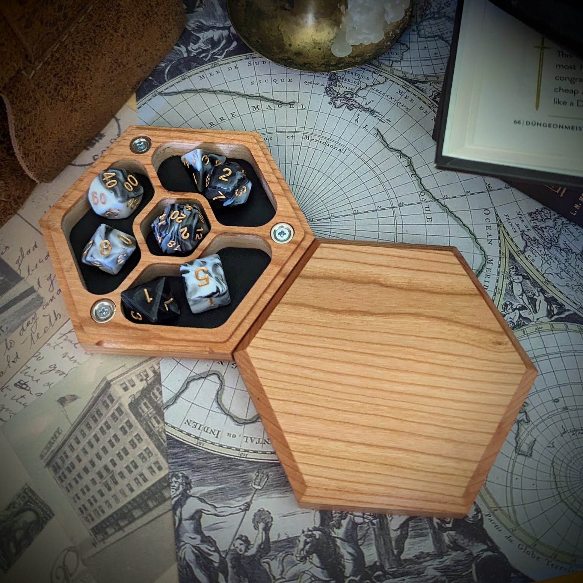 Hardwood Hex  Dice Box | Handcrafted Hardwood and Leather Dice Box and Rolling Tray for Tabletop games like Dungeons and Dragon | D&D