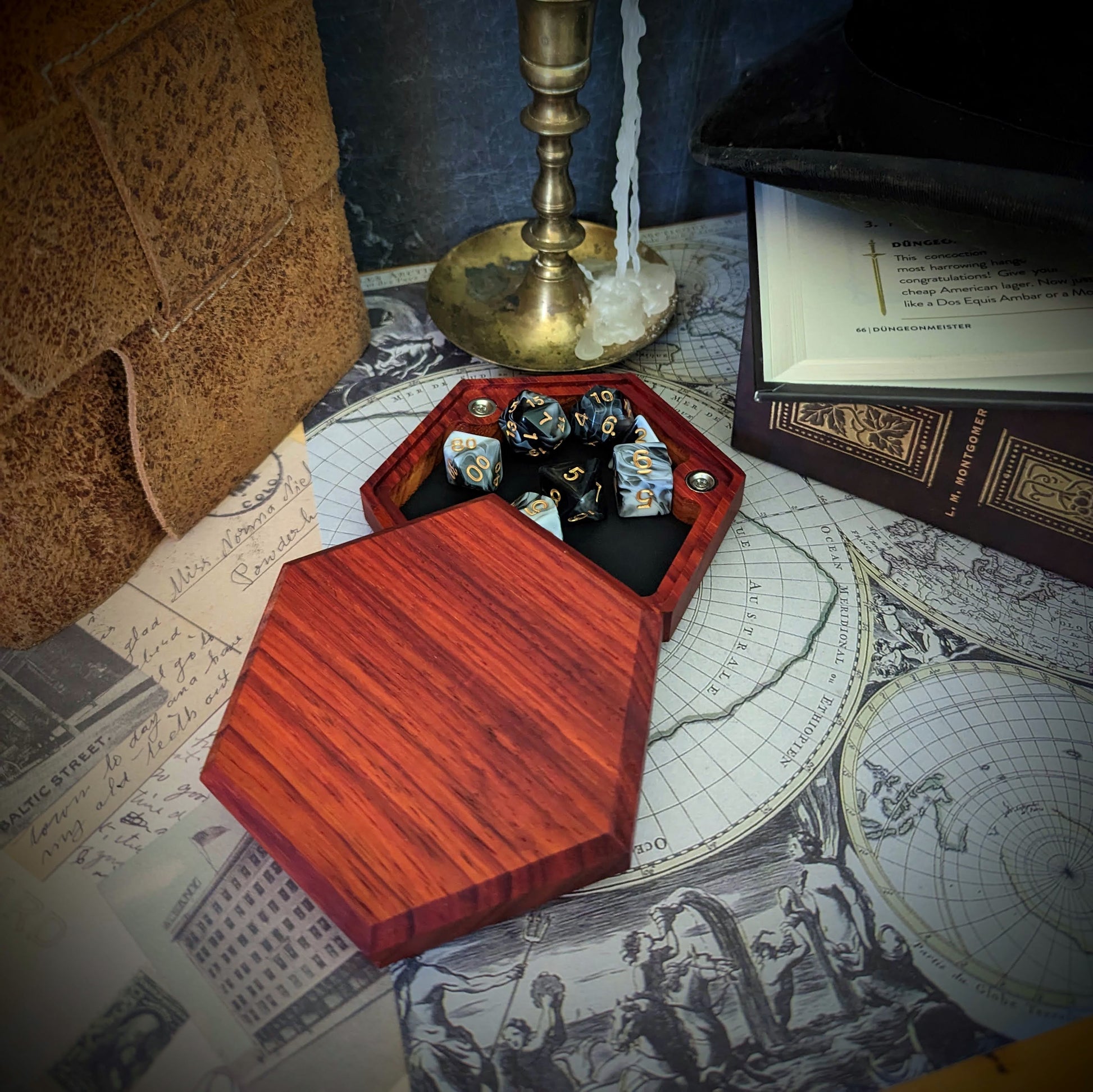Hardwood Hex  Dice Box | Handcrafted Hardwood and Leather Dice Box and Rolling Tray for Tabletop games like Dungeons and Dragon | D&D