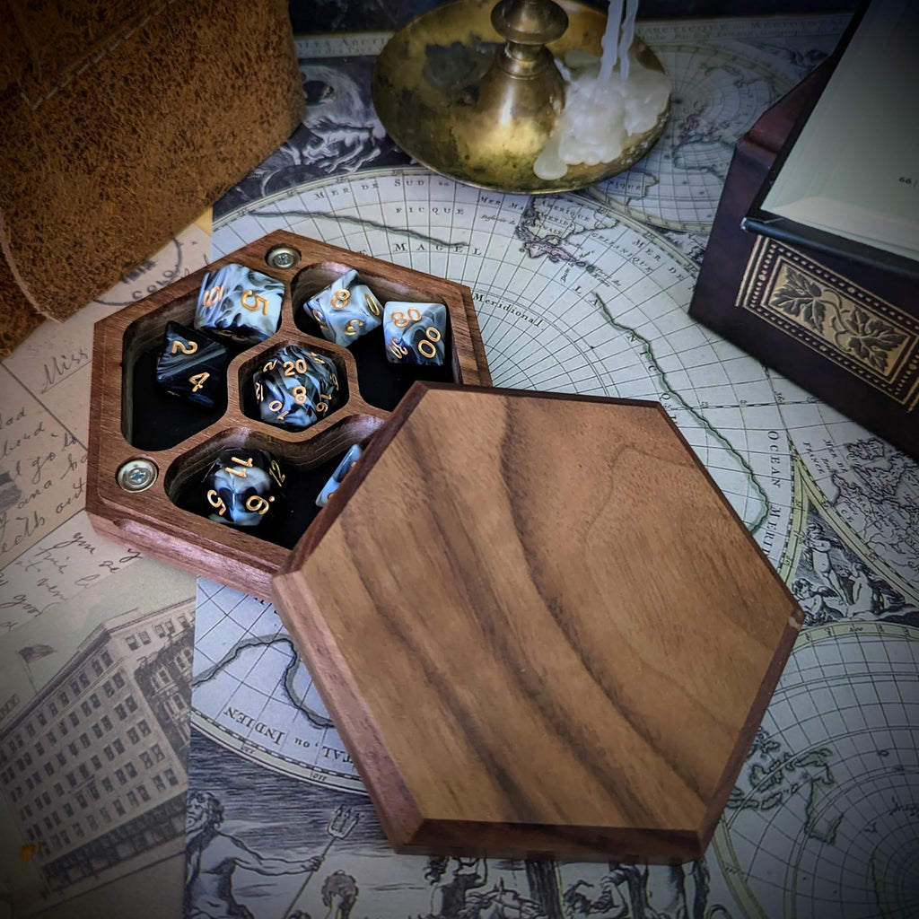 Hardwood Hex  Dice Box | Handcrafted Hardwood and Leather Dice Box and Rolling Tray for Tabletop games like Dungeons and Dragon | D&D