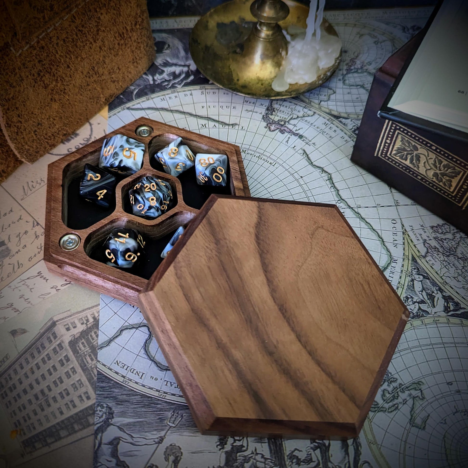 Hardwood Hex  Dice Box | Handcrafted Hardwood and Leather Dice Box and Rolling Tray for Tabletop games like Dungeons and Dragon | D&D