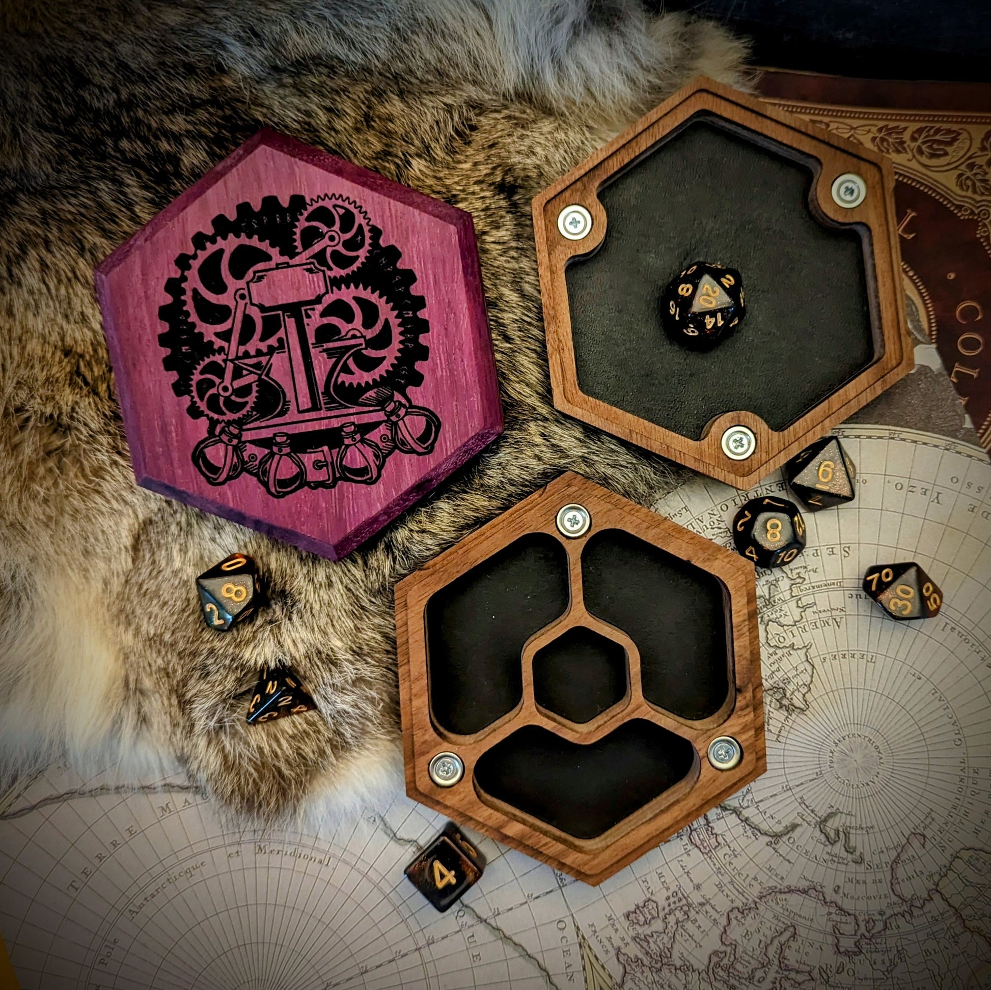 Hardwood Hex  Dice Box | Handcrafted Hardwood and Leather Dice Box and Rolling Tray for Tabletop games like Dungeons and Dragon | D&D