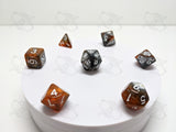 Rusted Blade | 7pc Dice Set | Orange / Silver / White Numbers | For D&D and other Tabletop Games