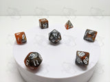 Rusted Blade | 7pc Dice Set | Orange / Silver / White Numbers | For D&D and other Tabletop Games