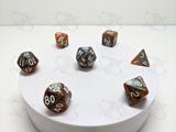 Rusted Blade | 7pc Dice Set | Orange / Silver / White Numbers | For D&D and other Tabletop Games