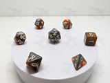 Rusted Blade | 7pc Dice Set | Orange / Silver / White Numbers | For D&D and other Tabletop Games