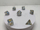 Winters Flurries | 7pc Dice Set | Clear | Blue and Silver Flakes | For D&D and other Tabletop Games