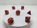 Rubys Ash | 7pc Dice Set | Red / Silver Numbers | For D&D and other Tabletop Games