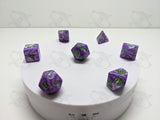 Last Laugh | 7pc Dice Set | Purple Pearl / Green Font | For D&D and other Tabletop Games