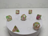 New Bloom | 7pc Dice Set | Clear / Green / Pink / Gold Numbers | For D&D and other Tabletop Games