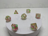 New Bloom | 7pc Dice Set | Clear / Green / Pink / Gold Numbers | For D&D and other Tabletop Games