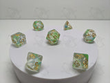 Spring Rains | 7pc Dice Set | Clear / Blue / Green / Gold Numbers | D&D and other Tabletop Games