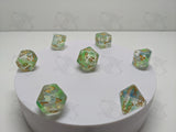 Spring Rains | 7pc Dice Set | Clear / Blue / Green / Gold Numbers | D&D and other Tabletop Games