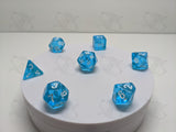 Glacial Springs | 7pc Dice Set | Blue / White Font | For D&D and other Tabletop Games