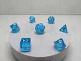 Glacial Springs | 7pc Dice Set | Blue / White Font | For D&D and other Tabletop Games
