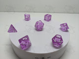 Amethyst Dream | 7pc Dice Set | Pink Resin / White Font | For D&D and other Tabletop Games