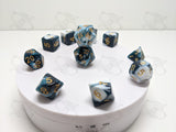 Glacial Secrets | 11pc Dice Set |  White / Deep Blue swirl / Gold Font | For D&D and other Tabletop Games