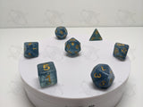Royal Waters | 7pc Dice Set | Semi-Clear / Blue / Gold Ink | D&D and other Tabletop Games
